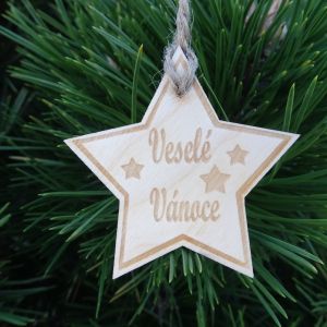 Vánoční hvězda dřevěná - Veselé Vánoce 6 x 6 cm